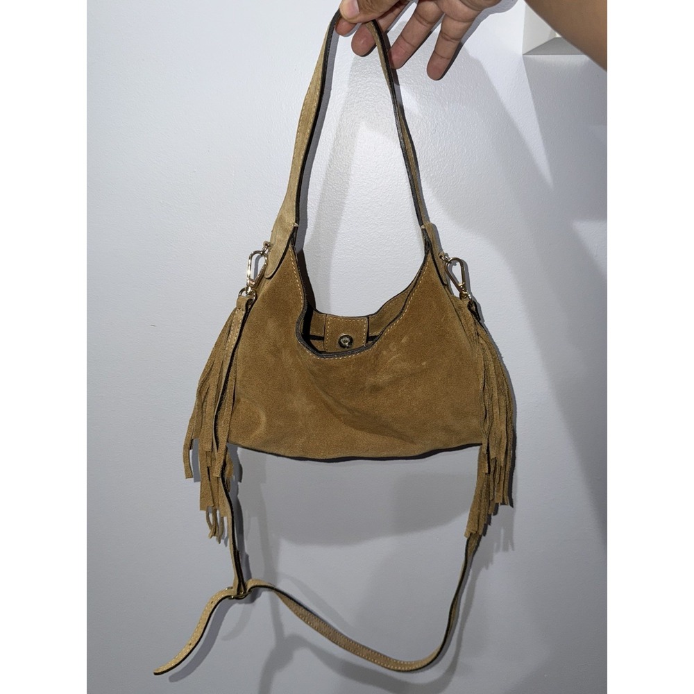ISADORA Honey Brown Suede Leather Fringe Boho Crossbody Shoulder Bag Made Italy